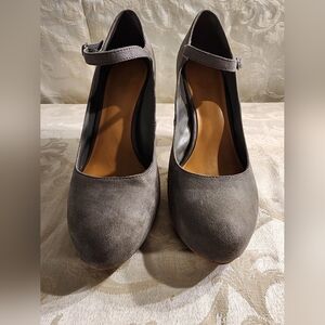 Crown Vintage Grey Suede 4" wood tone block heel
